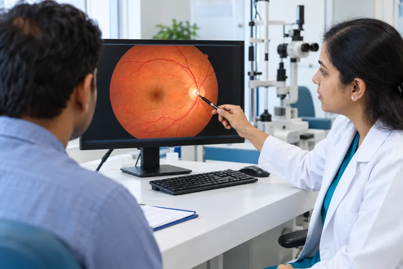 Illustrative photo of an eye-health consultation with a retinal image on a screen